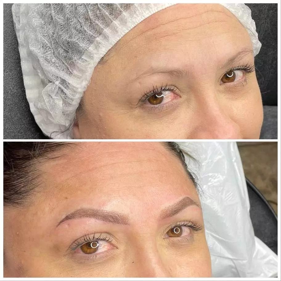 Before and after pictures of a woman's permanent eyebrow makeup transformation.