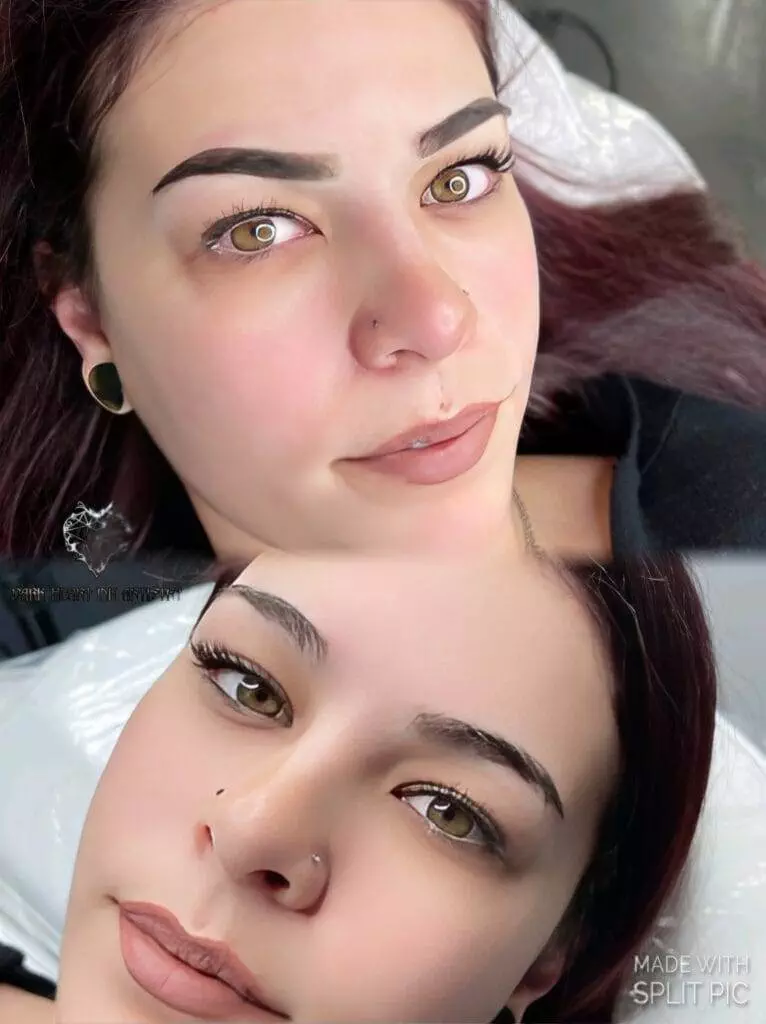 Before and after pictures of a woman's eyebrows in the comfort of her home.