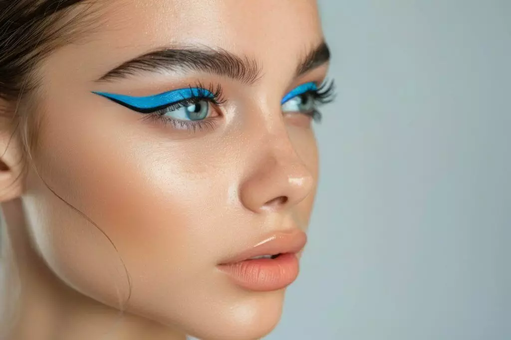 Close-up of a person with bold blue winged eyeliner and natural makeup, featuring glossy lips and well-groomed eyebrows, achieving the perfect look while looking to the side. The background is plain and neutral.