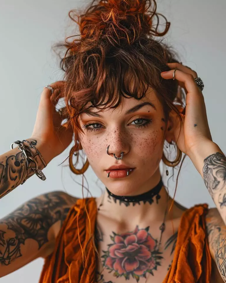 A person with red hair tied up and wearing multiple earrings, nose rings, and chokers, has visible Dark Heart Ink tattoos and freckles, and is adjusting their hair with both hands.